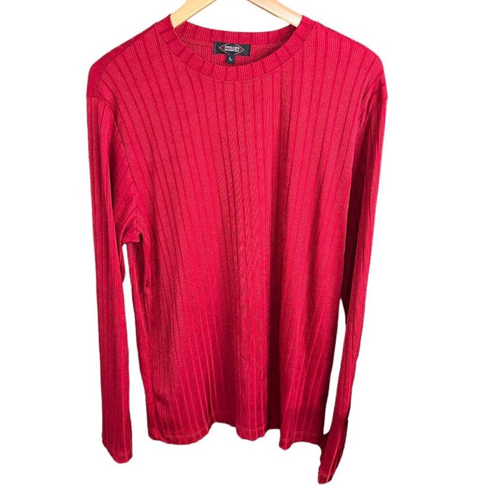 Vintage 90s Red Ribbed Knit Shirt Mens Medium Slim Fit Stretch